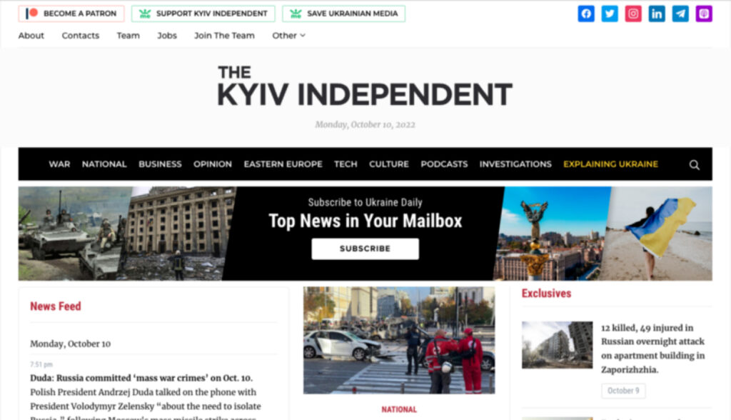 La page d'accueil du Kyiv Independent